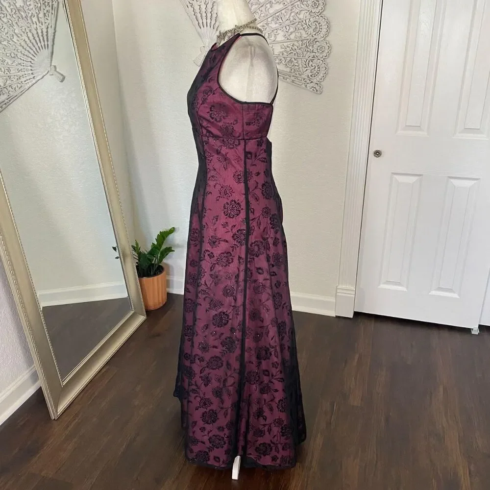 Early 2000's Whimsygoth Black Pink Purple Mesh Rose Crushed Velvet Prom Dress S - Picture 6 of 8